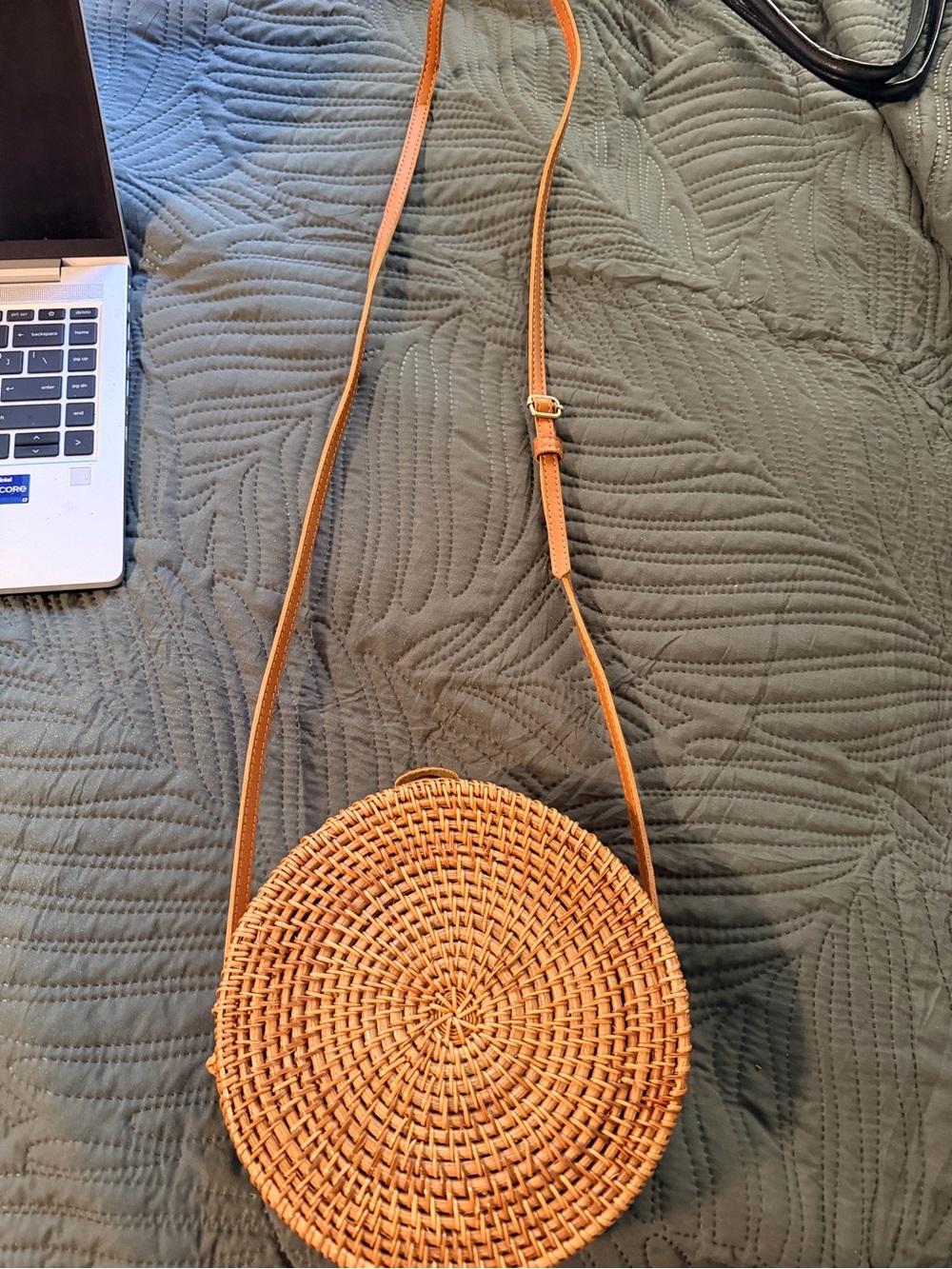 Round Woven Crossbody Bag in Tan with Adjustable Strap